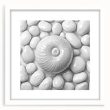 Abstract art print featuring close-up elements of nature in muted green and brown tones, framed with a white mat.