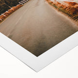 Art deco poster featuring an autumnal scene in muted orange and brown tones on rolled canvas, suitable for dining room decor.