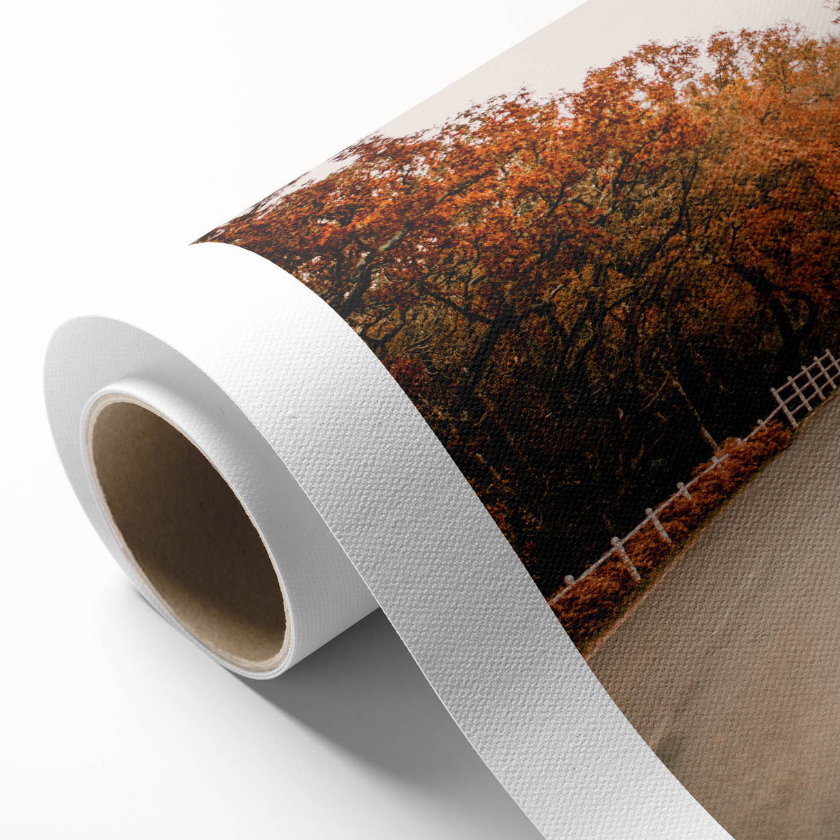 Art deco poster of autumn trees in orange and red hues on rolled canvas, ideal for nursery wall art.