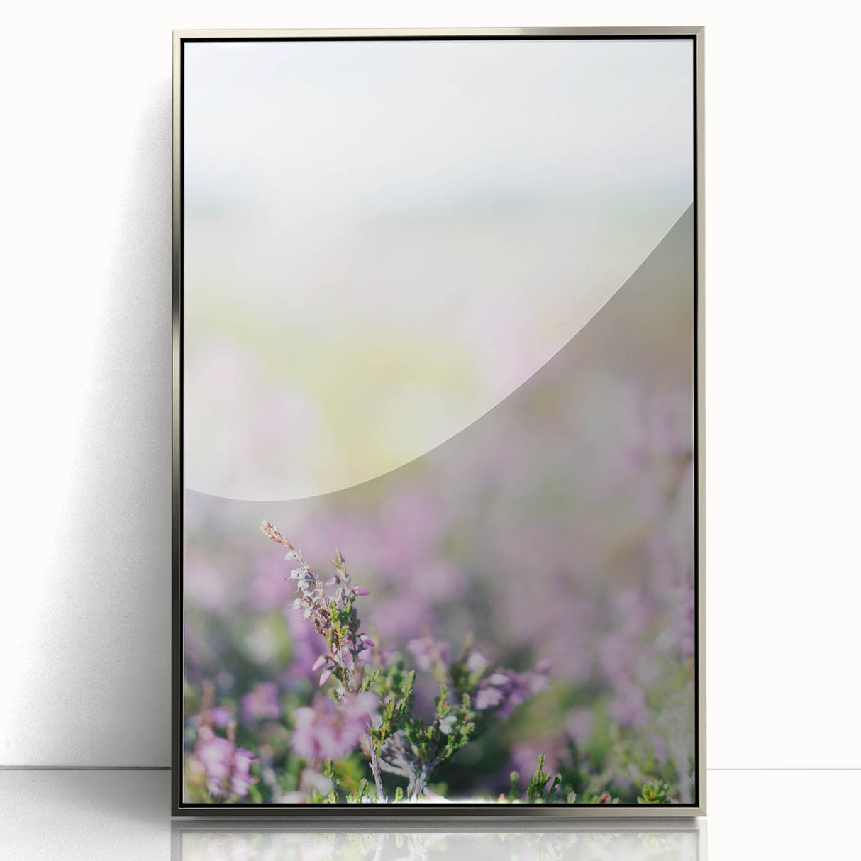 Mid-century modernist art featuring abstract spring motifs in pastel shades on a framed acrylic silver canvas.
