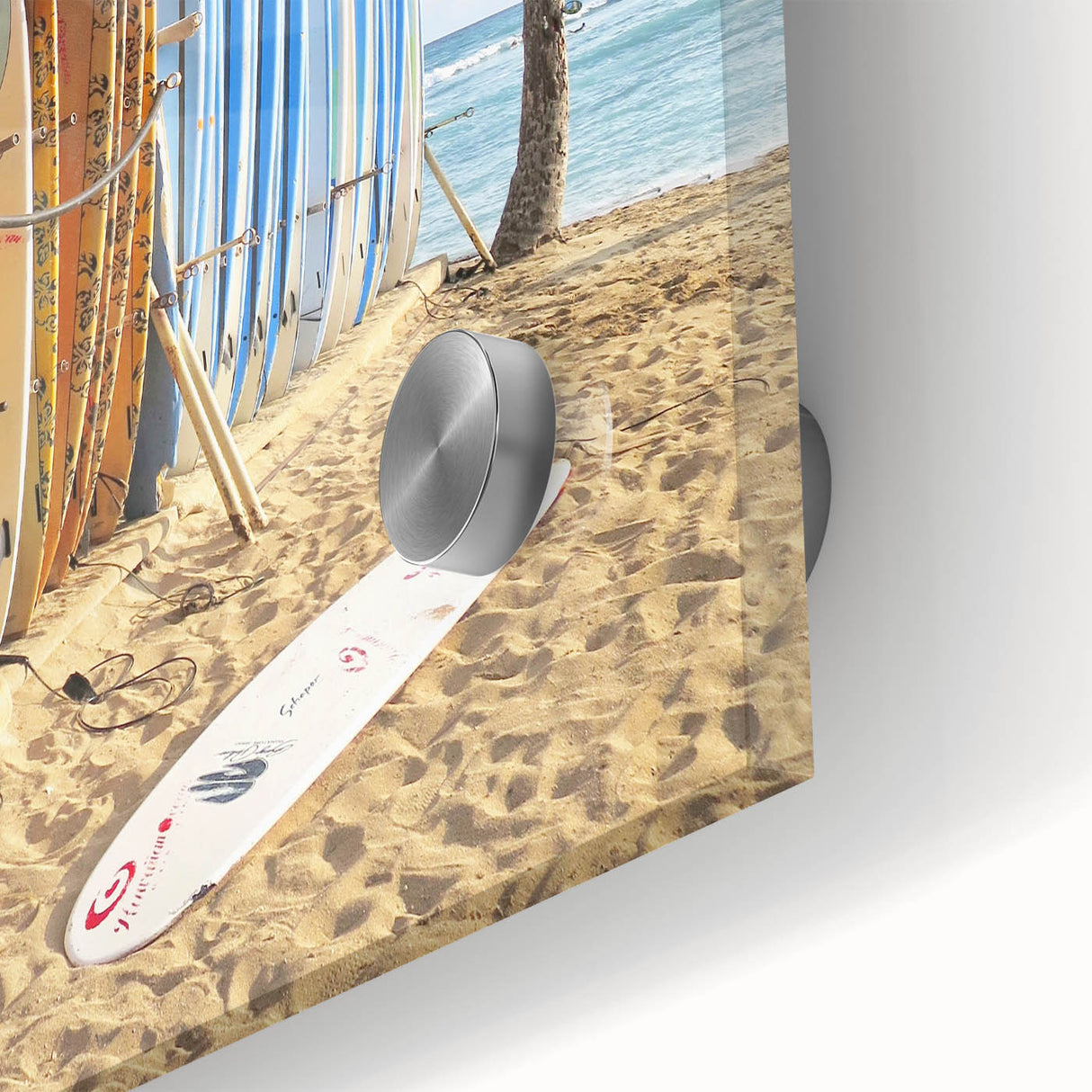 Large abstract wall art featuring mid-century modernist summer themes in vibrant hues, printed on acrylic glass.