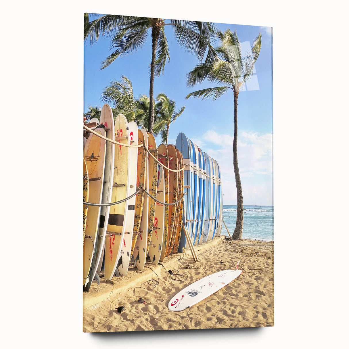 Large abstract wall art on acrylic glass depicting vibrant summer hues, ideal for bedroom or dining room decor.