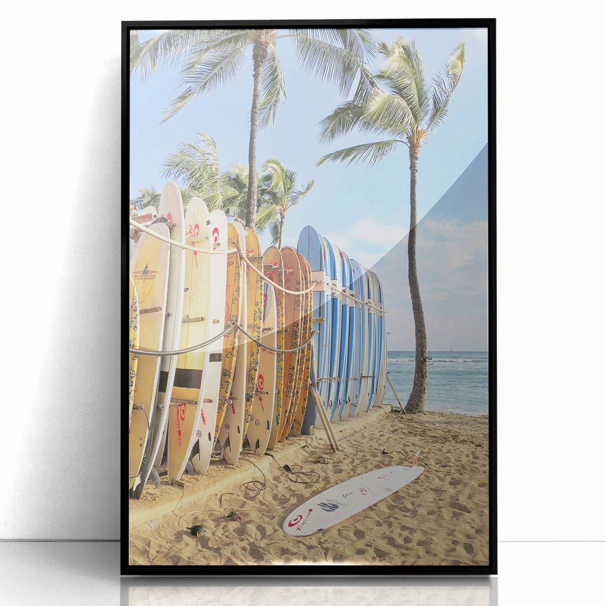 Large abstract wall art featuring vibrant summer hues on black framed acrylic, ideal for modern living room decor.
