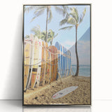 Mid-century modernist art depicting summer season in vibrant colors on a silver-framed acrylic print.