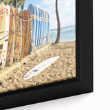 Close-up of extra large black wall art featuring a textured, colorful abstract design on framed canvas.