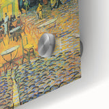 Large abstract wall art on acrylic glass featuring swirling blue and yellow tones in a mid-century modernist style.