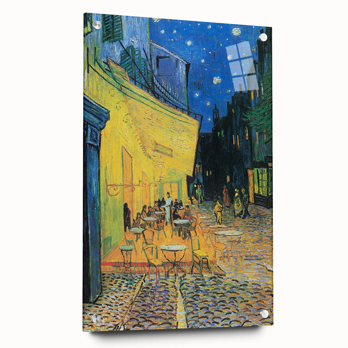 Large abstract wall art on acrylic glass depicting dynamic swirls in blue and yellow tones.