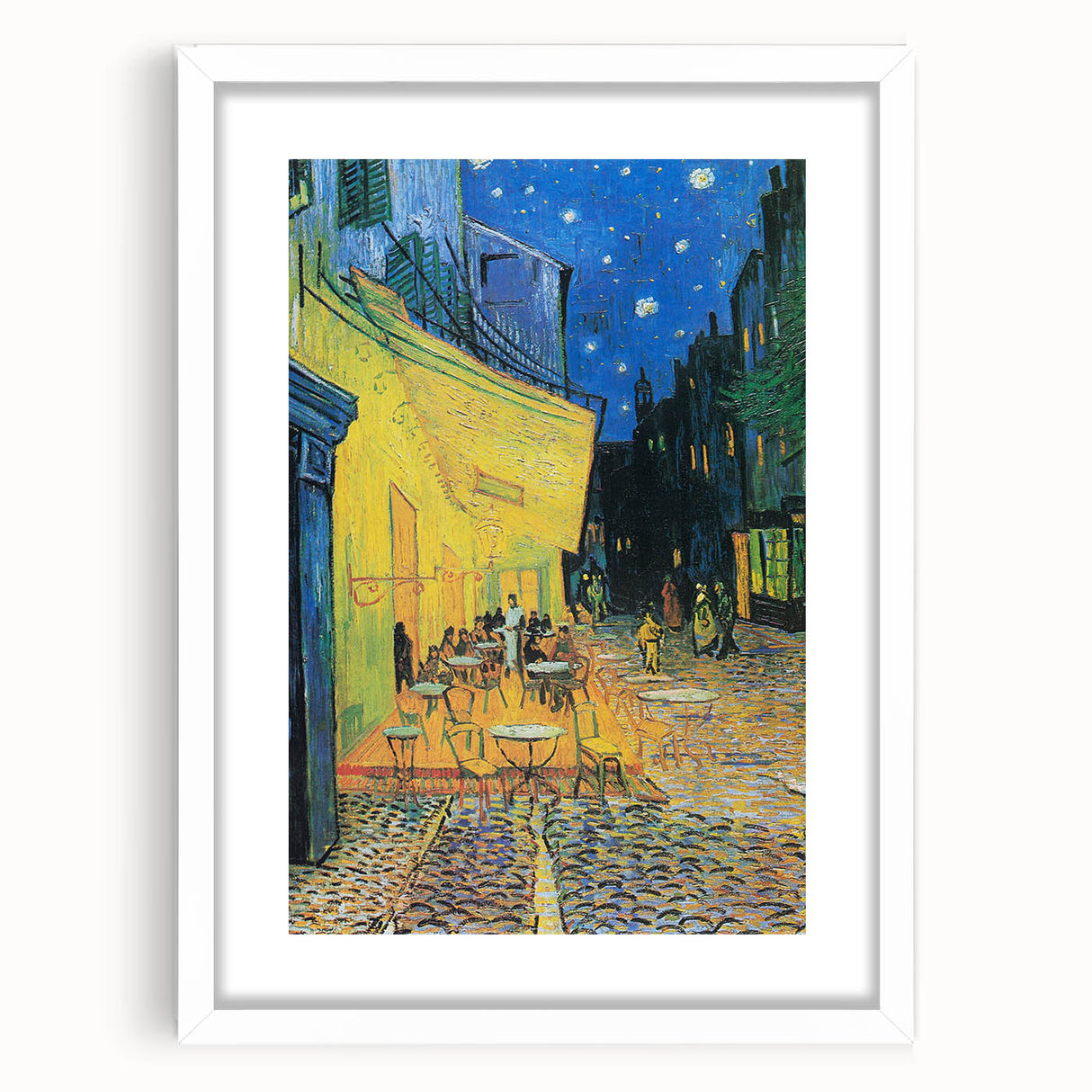 Textured abstract art print with swirls of blue and yellow on a white framed canvas, suitable for bedroom decor.