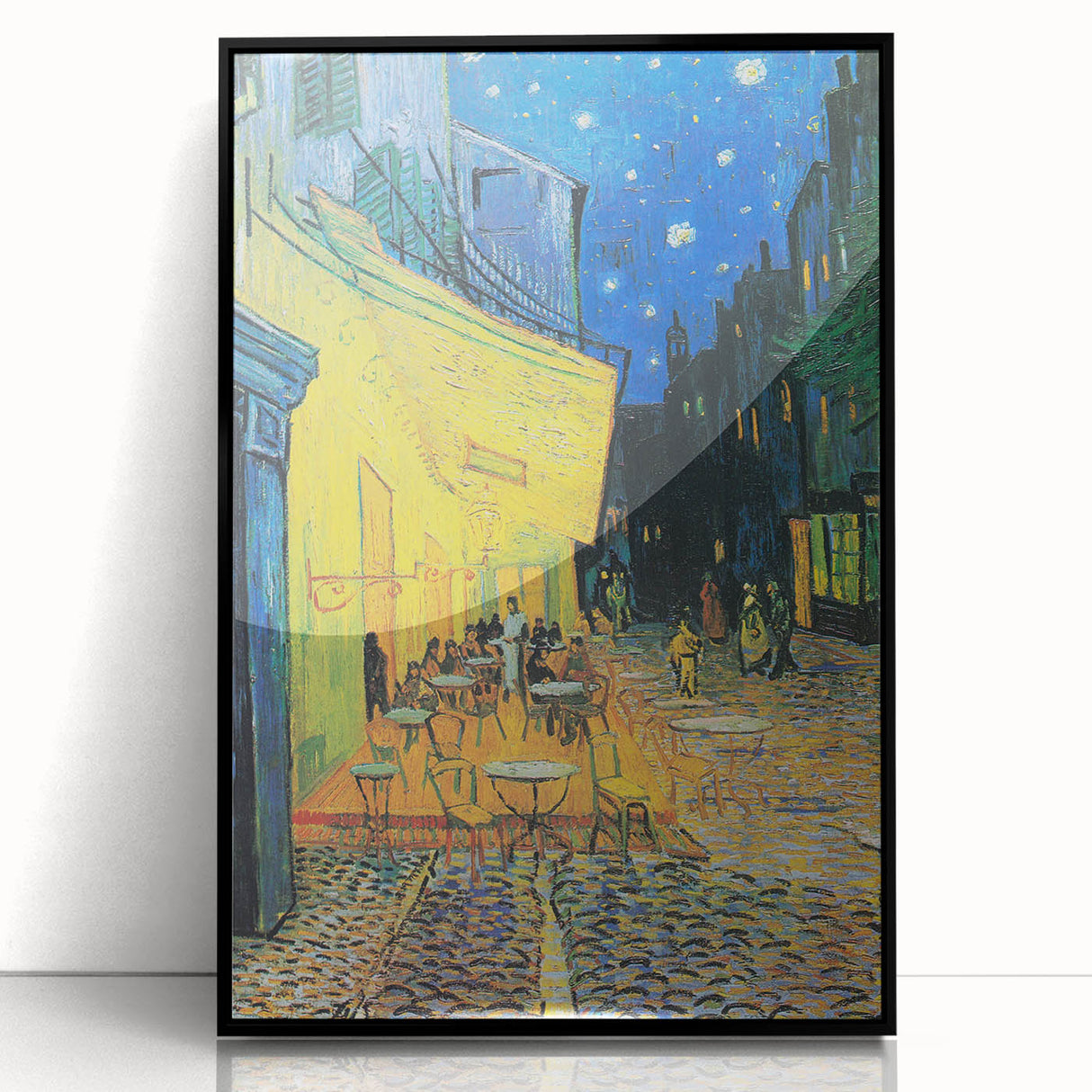 Large abstract wall art in black and blue acrylic, framed, reflecting mid-century modernist style.