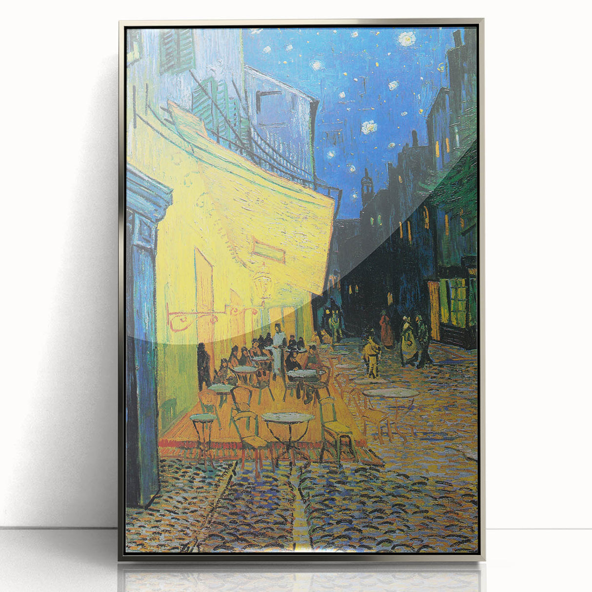 Large art print of Van Gogh's painting in mid-century modernist style, with vibrant color palette, framed in silver acrylic.