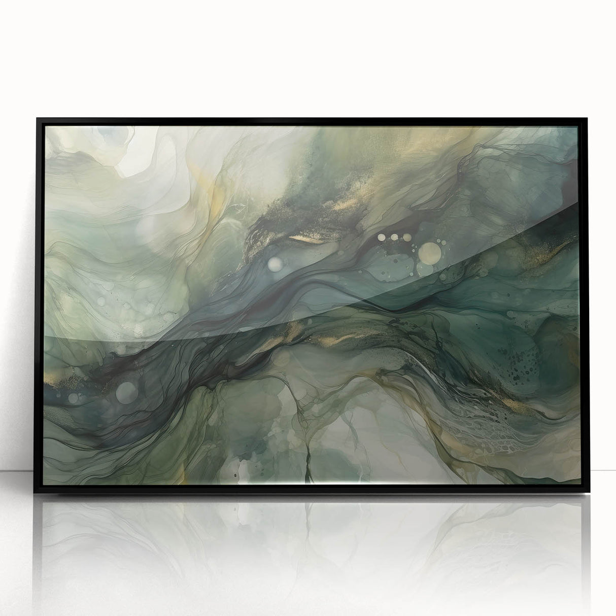 Framed abstract wall art with dynamic black strokes on a textured acrylic surface, showcasing contemporary design perfect for modern home decor.