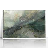 Framed abstract wall art featuring multicolored strokes in shades of blue, orange, and white, set in a sleek acrylic frame, perfect for modern home decor.