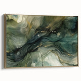 Framed canvas wall art showcasing abstract strokes in gold and black, highlighting modern design elements. Ideal for contemporary home decor or office spaces.