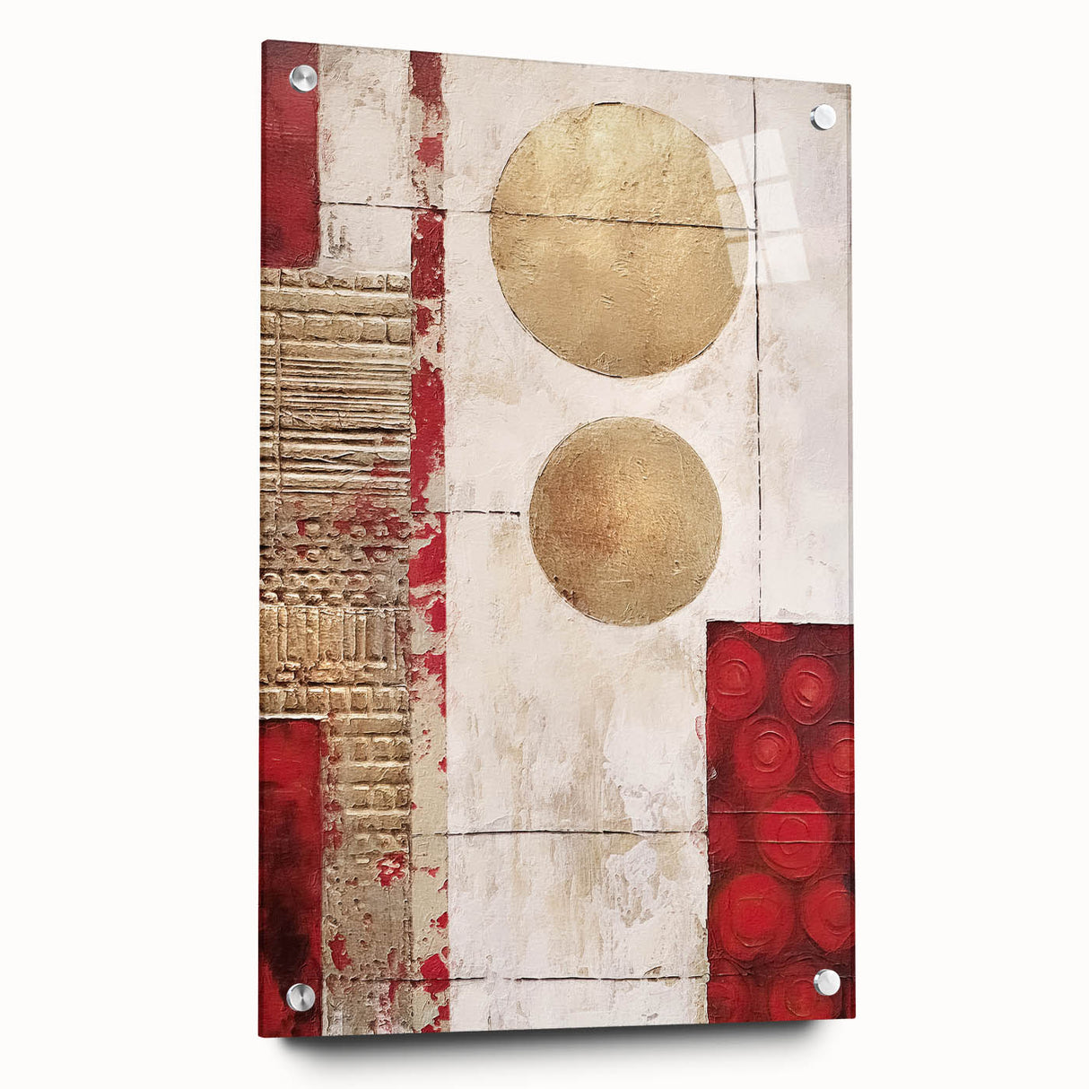 Abstract strokes wall art design displayed in a side view, featuring vibrant colors and intricate patterns, mounted with pins on an acrylic glass frame, showcasing modern decor aesthetic.
