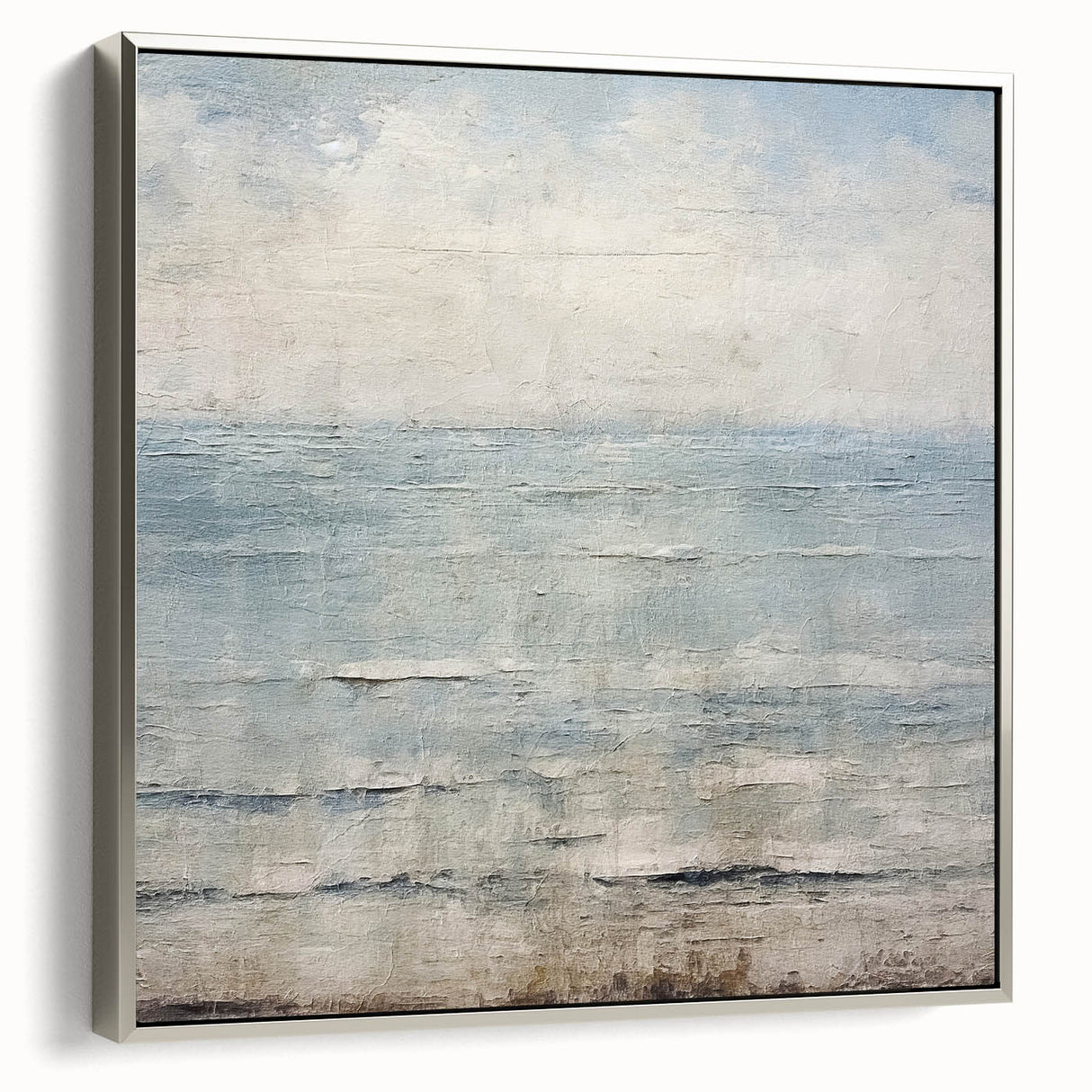 Framed canvas wall art displaying abstract silver strokes on a textured surface, showcasing a modern design perfect for contemporary home décor.