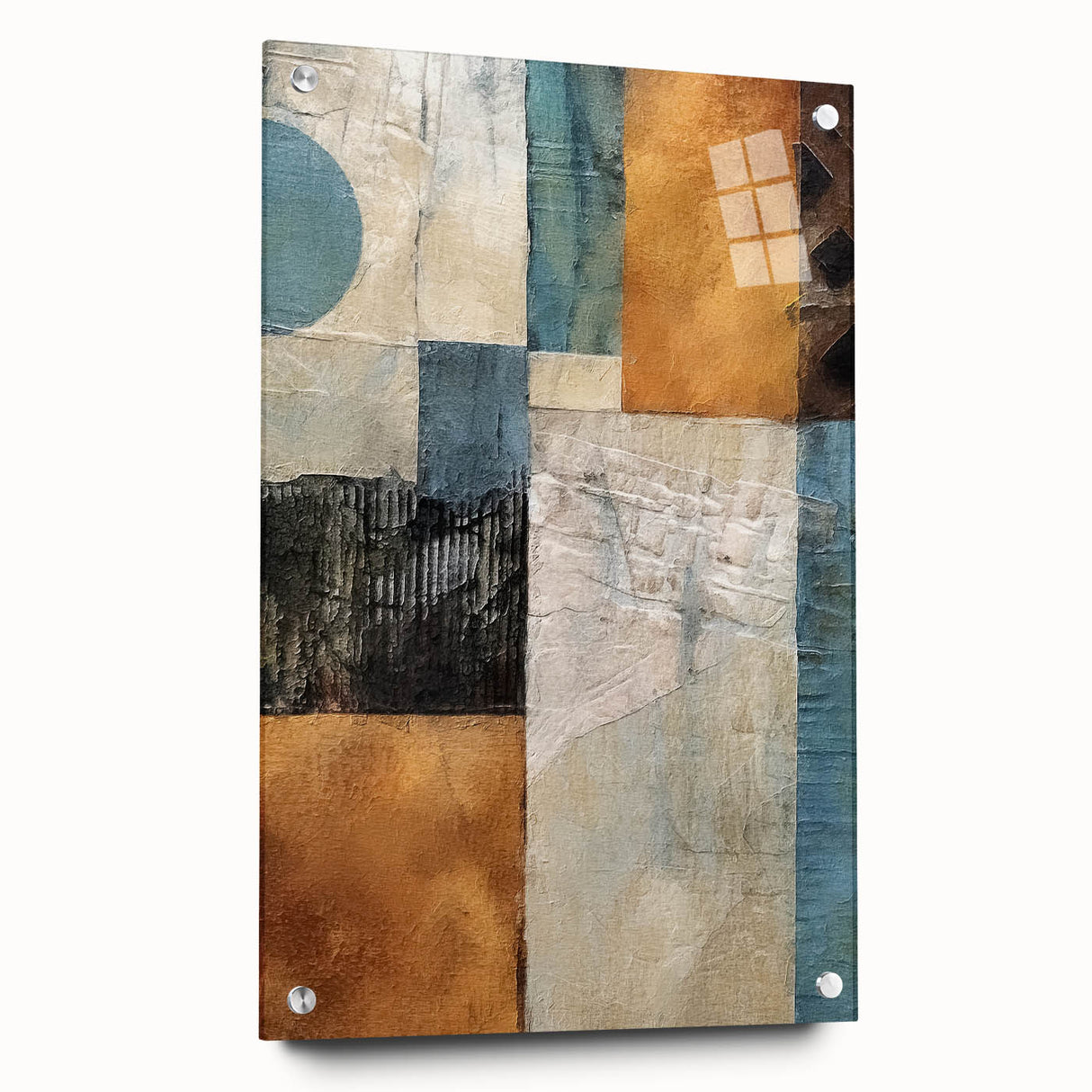 Abstract wall art featuring vibrant strokes in blue, orange, and yellow on acrylic glass, displayed in a side view with mounting pins. Ideal for modern decor.