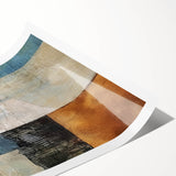 Abstract wall art print featuring vibrant strokes in shades of blue, pink, and gold, showcasing a modern design suitable for contemporary home decor, rolled for easy framing.