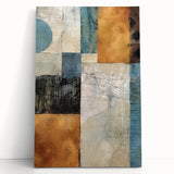Abstract strokes wall art on stretched canvas, featuring vibrant colors and dynamic shapes, leaning against a minimalist wall, ideal for modern decor.