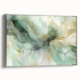 Framed abstract strokes wall art in silver, showcasing dynamic brushwork and vibrant colors, perfect for modern decor, viewed from the side.