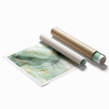 Abstract wall art print showcasing vibrant strokes in hues of blue, orange, and gold, rolled and ready for framing. Perfect for modern home decor.