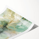 Abstract wall art print showcasing vibrant strokes in shades of blue, pink, and gold, perfect for modern decor, rolled and ready for framing.