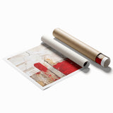 Abstract wall art print showcasing vibrant, colorful strokes in shades of blue, pink, and yellow, rolled and ready for display, ideal for modern decor.