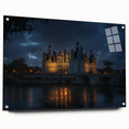 Acrylic glass artwork showcasing a stunning landscape with a medieval castle, side view featuring sleek pins for mounting, perfect for home decor enthusiasts.