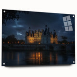 Acrylic glass artwork showcasing a stunning landscape with a medieval castle, side view featuring sleek pins for mounting, perfect for home decor enthusiasts.