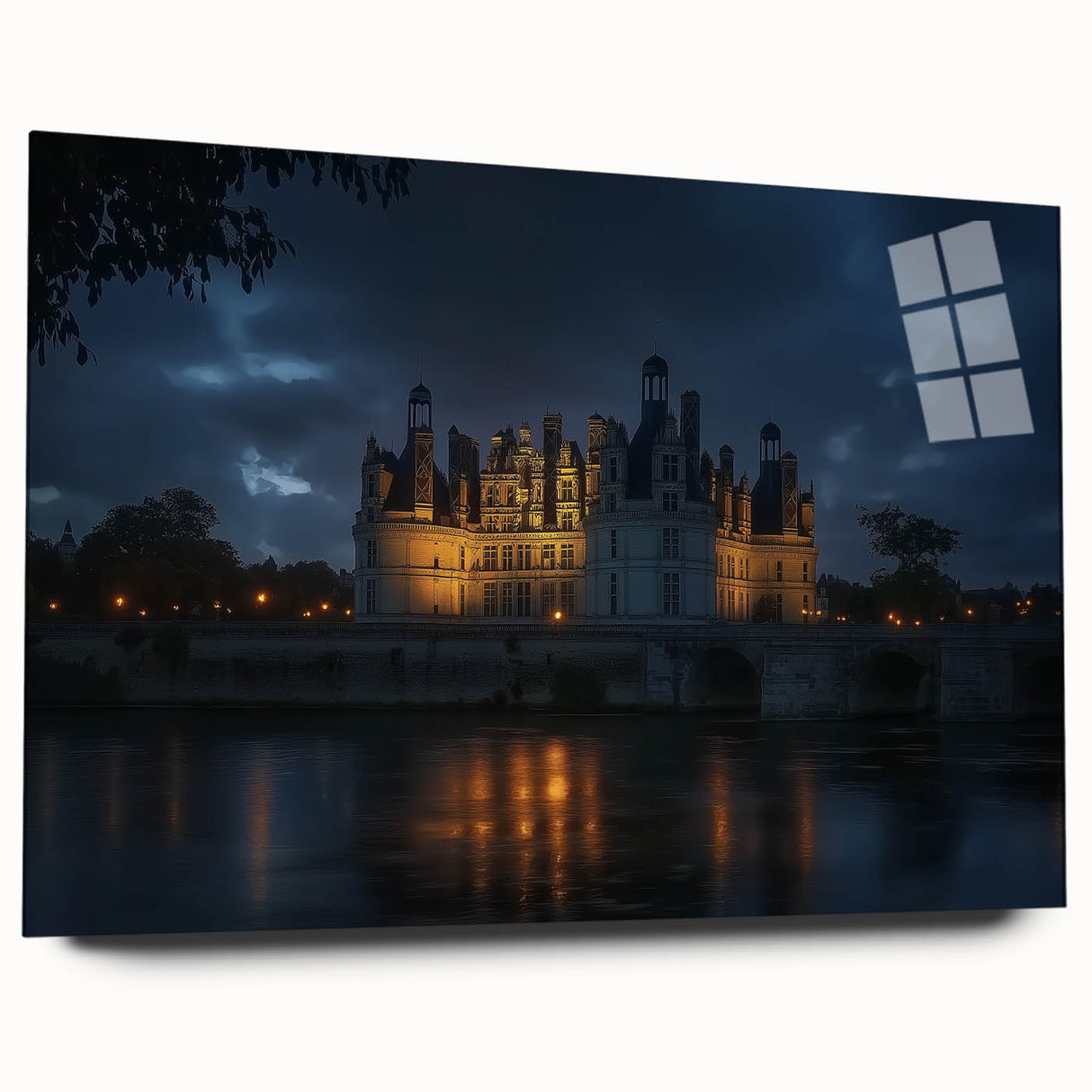 Acrylic landscape artwork depicting a majestic castle surrounded by verdant hills, showcased in a glass frame with a sleek side view, enhancing any decor.