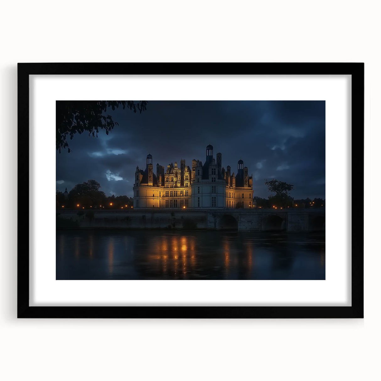 Black-framed landscape artwork depicting a majestic castle surrounded by lush greenery, elegantly matted for a sophisticated presentation, ideal for home decor.