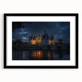 Black-framed landscape artwork depicting a majestic castle surrounded by lush greenery, elegantly matted for a sophisticated presentation, ideal for home decor.