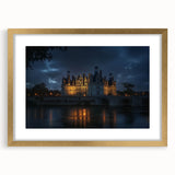 Elegant gold-framed landscape artwork featuring a majestic castle surrounded by lush greenery, showcasing fine details and a classic mat finish, perfect for home decor.