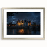 Elegant silver-framed landscape artwork featuring a majestic castle, adorned with a white mat for a refined presentation, ideal for enhancing home decor.