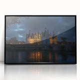 Framed acrylic artwork showcasing a stunning landscape with a castle, featuring a sleek black frame, ideal for home decor and interior design enthusiasts.