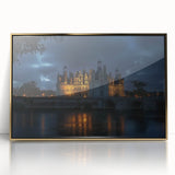 Framed acrylic artwork showcasing a stunning landscape with a majestic castle, highlighted by elegant gold accents, perfect for enhancing home decor.