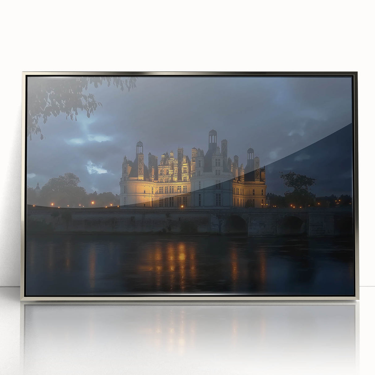 Framed acrylic artwork showcasing a picturesque landscape with a majestic castle, set against a serene backdrop of rolling hills and a clear sky, ideal for home decor.