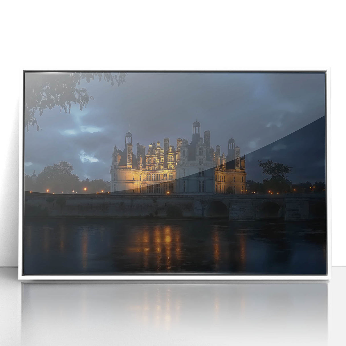 Framed acrylic artwork showcasing a picturesque landscape with a majestic castle, set against a vibrant blue sky and lush greenery, ideal for home decor.