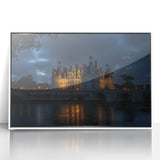 Framed acrylic artwork showcasing a picturesque landscape with a majestic castle, set against a vibrant blue sky and lush greenery, ideal for home decor.