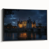 Framed canvas artwork showcasing a majestic castle landscape, featuring vibrant colors and intricate details, displayed with a sleek black frame for elegant decor.