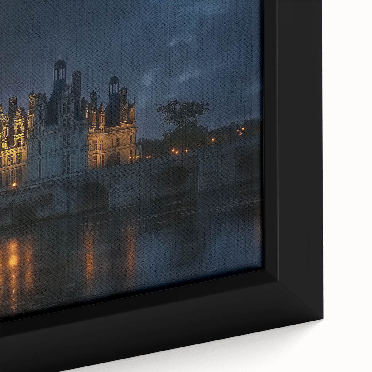 Close-up of a beautifully framed canvas depicting a picturesque landscape with a majestic castle, showcasing vibrant colors and intricate details, perfect for home decor.