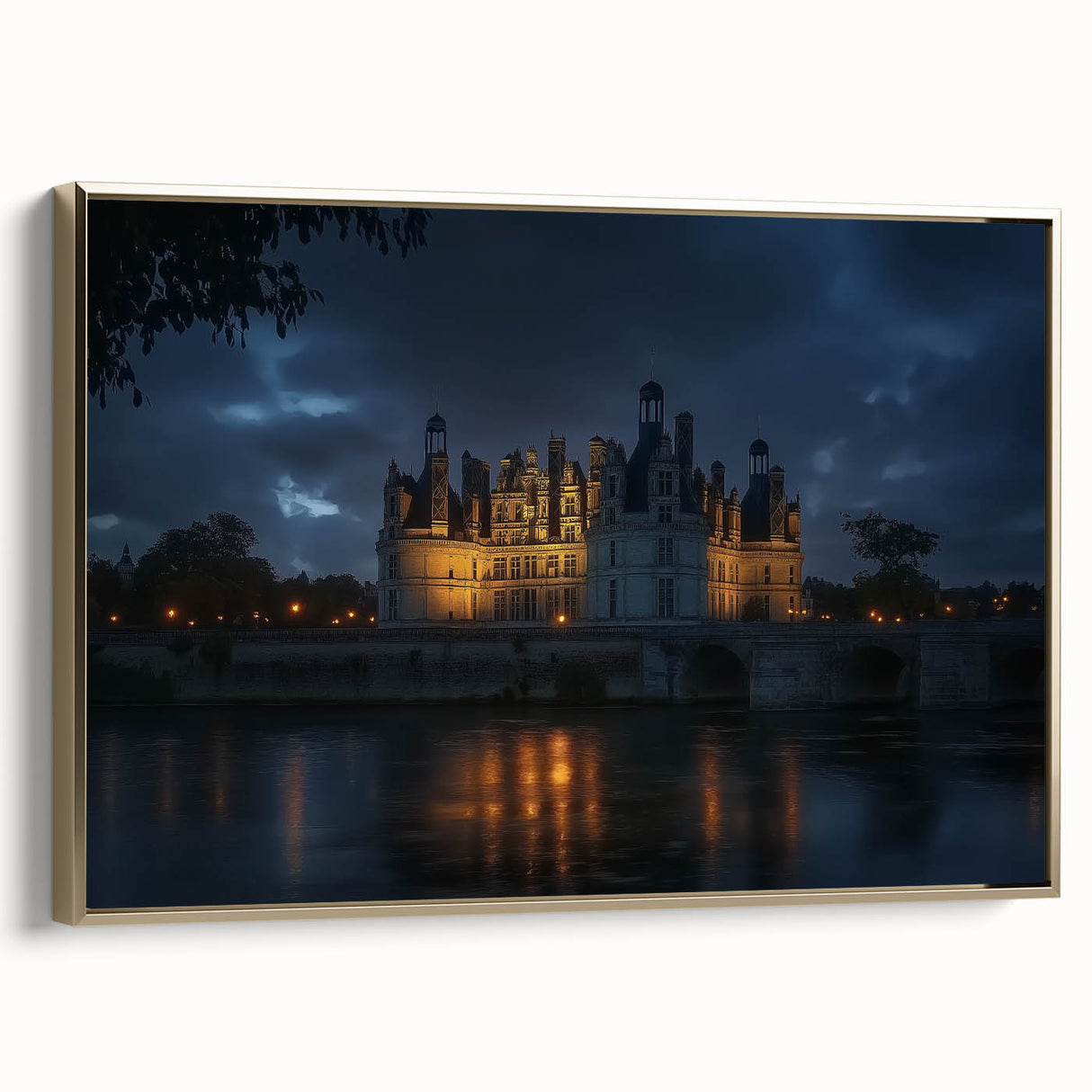 Framed canvas artwork depicting a serene landscape with a majestic castle, featuring a gold frame accentuating the vibrant colors and intricate details, perfect for home decor.