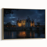 Framed canvas artwork depicting a serene landscape with a majestic castle, featuring a gold frame accentuating the vibrant colors and intricate details, perfect for home decor.