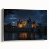 Framed canvas artwork depicting a serene landscape with a medieval castle, featuring a silver frame that enhances the elegant design, perfect for home décor.