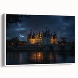 Framed canvas artwork depicting a picturesque landscape with a majestic castle, featuring soft colors and intricate details, ideal for home decor enhancement.