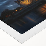 Vibrant rolled canvas showcasing a detailed landscape of a majestic castle surrounded by lush greenery, elegantly packaged in a protective cardboard tube, ideal for home decor.