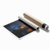 Rolled landscape print showcasing a picturesque castle surrounded by lush greenery, elegantly packaged in a protective cardboard tube, ideal for home decor.