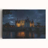 Stretched canvas artwork depicting a vibrant landscape with a majestic castle nestled among lush greenery and rolling hills, perfect for home decor.