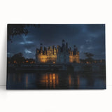 Stretched canvas artwork showcasing a vibrant landscape with a majestic castle surrounded by lush greenery and a clear blue sky, perfect for home decor.