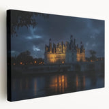 Stretched canvas artwork depicting a vibrant landscape with a majestic castle surrounded by lush greenery, showcasing detailed colors and textures in a side view presentation.