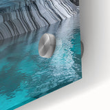 Close-up of an intricate acrylic glass artwork showcasing vibrant landscapes and caves, highlighting vivid colors and unique textures, ideal for modern decor.